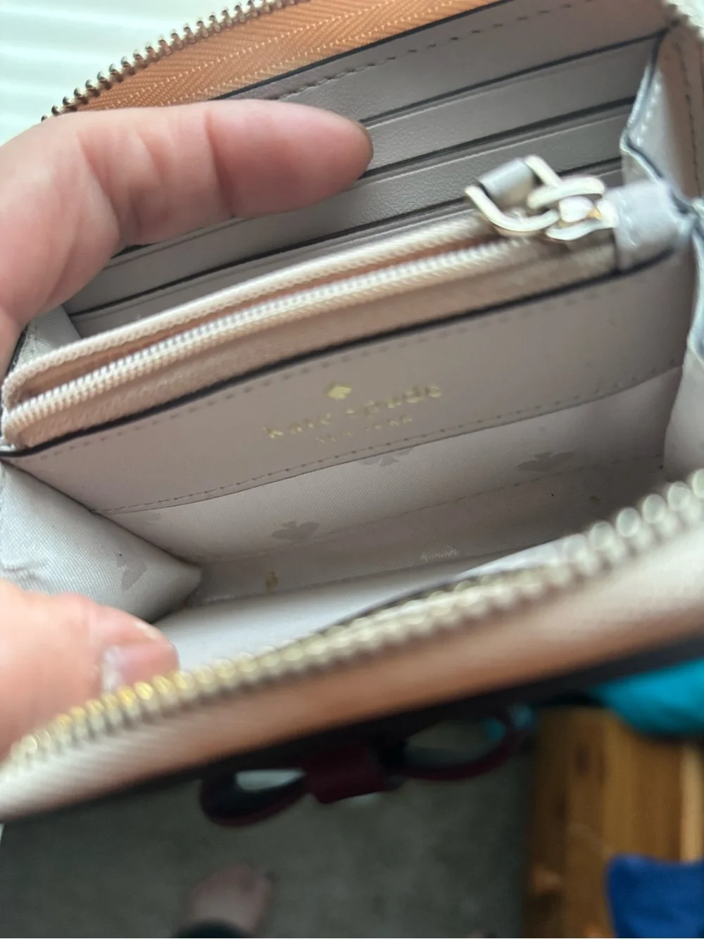 kate spade Rose Gold Metallic Zip Wallet with Purple Bow
